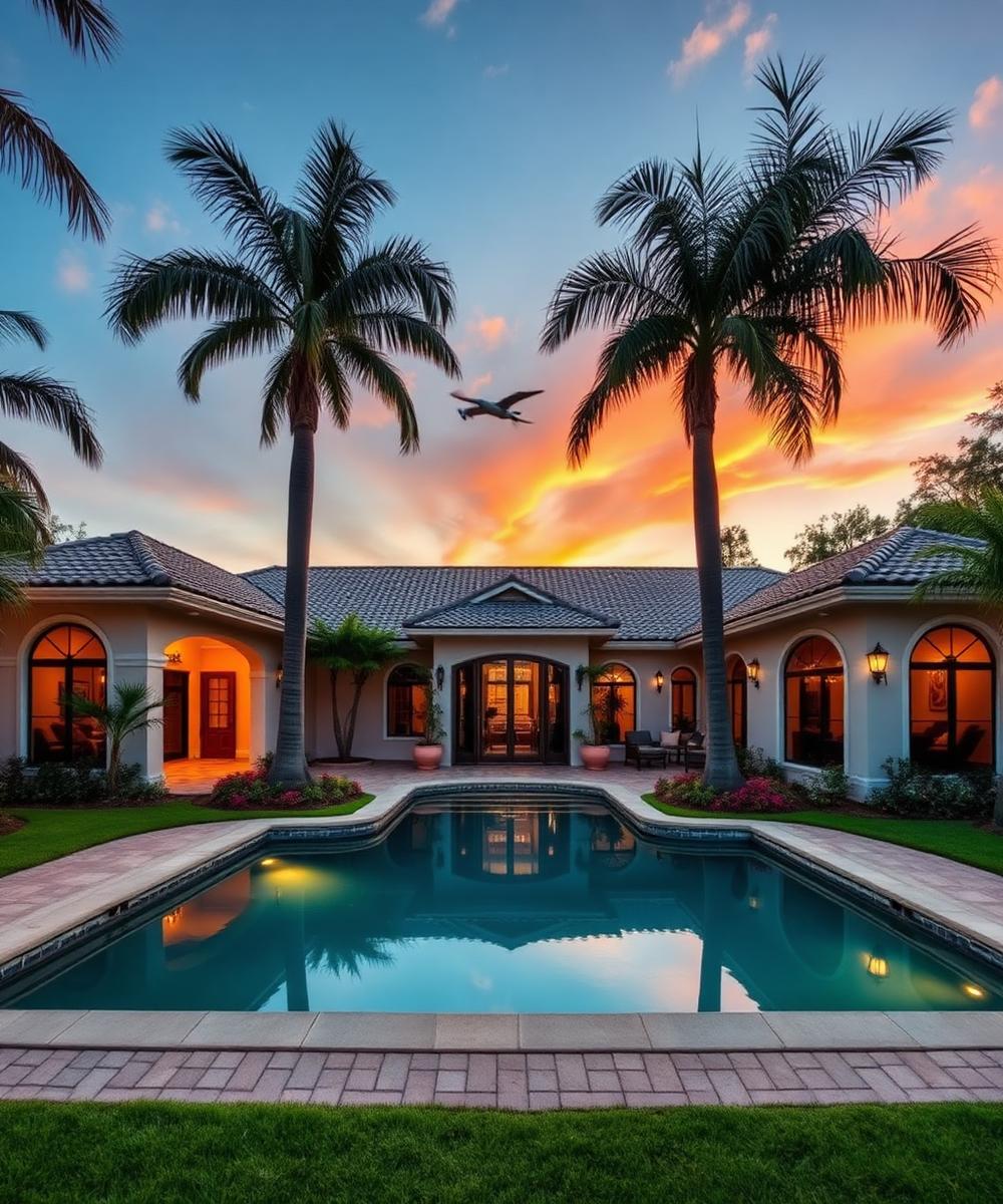 Luxury Florida home exterior with palm trees at sunset